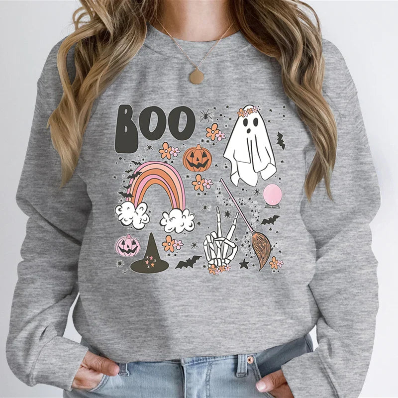 Halloween Ghost Sweatshirt Women Pumpkin Skeleton Hand Graphic Funny Hoodies The Boo Pumpkin Ghost Vintage Halloween Sweatshirt