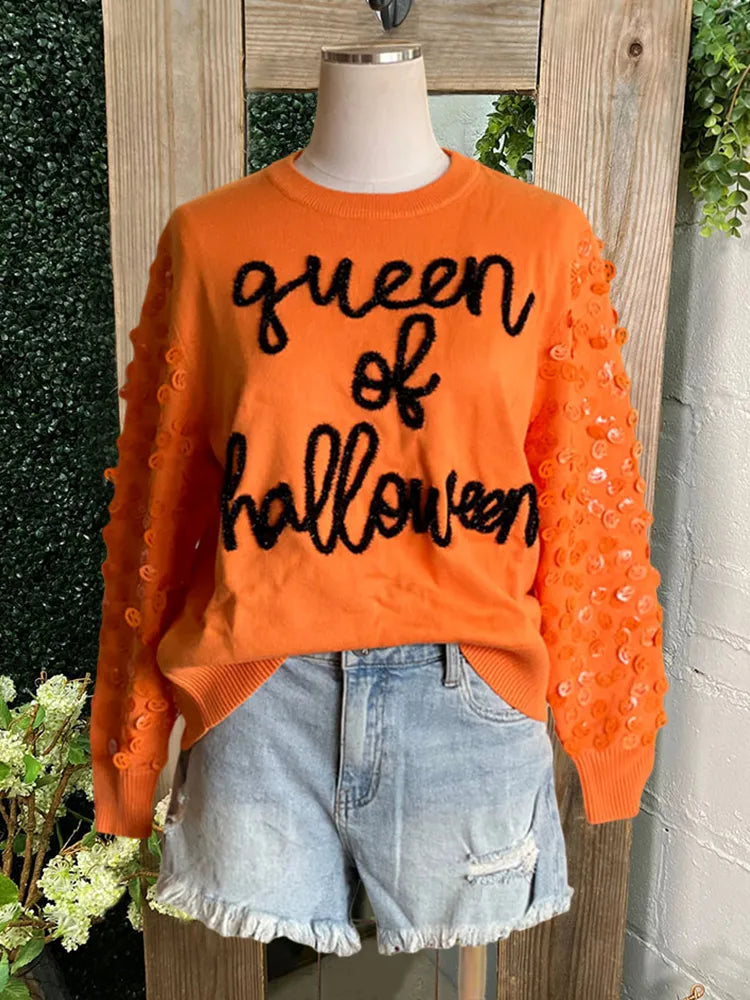 Women Letter Embroidered Sequin Sweater Halloween University Sweatshirts  Funny Party Spooky Academy Fall Pullover Sweatshirt