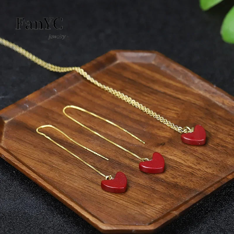 Natural V-shaped Cinnabar Love Heart Earrings Necklace Set Fashion Light Luxury Red Heart Cinnabar Pendant Ladies Birthday Gift