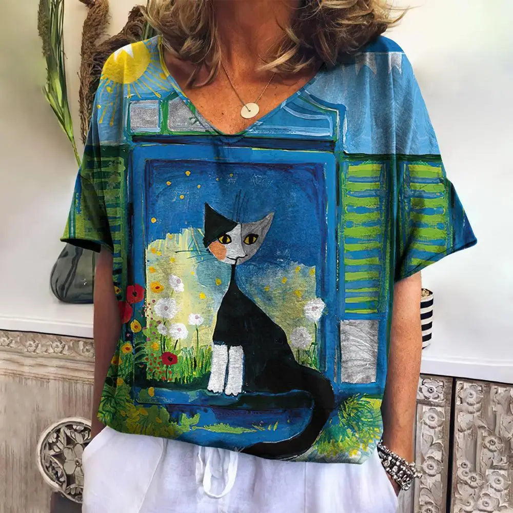 Women's T-shirt 3d Cute Cat Print V-neck Tops Summer New Kawaii Animal Short-sleeved Fashion Loose Large Size Women's Tops