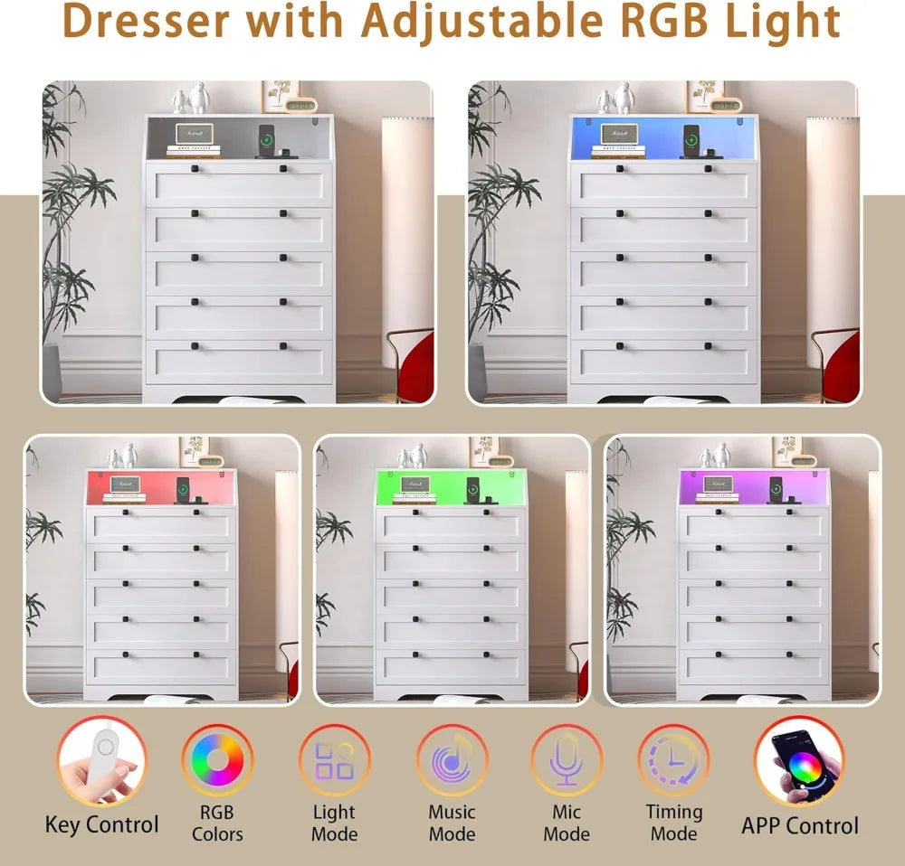 5 Drawer LED Dresser with Charging Station, Modern Wood Storage Cabinet for Bedroom Living Room.