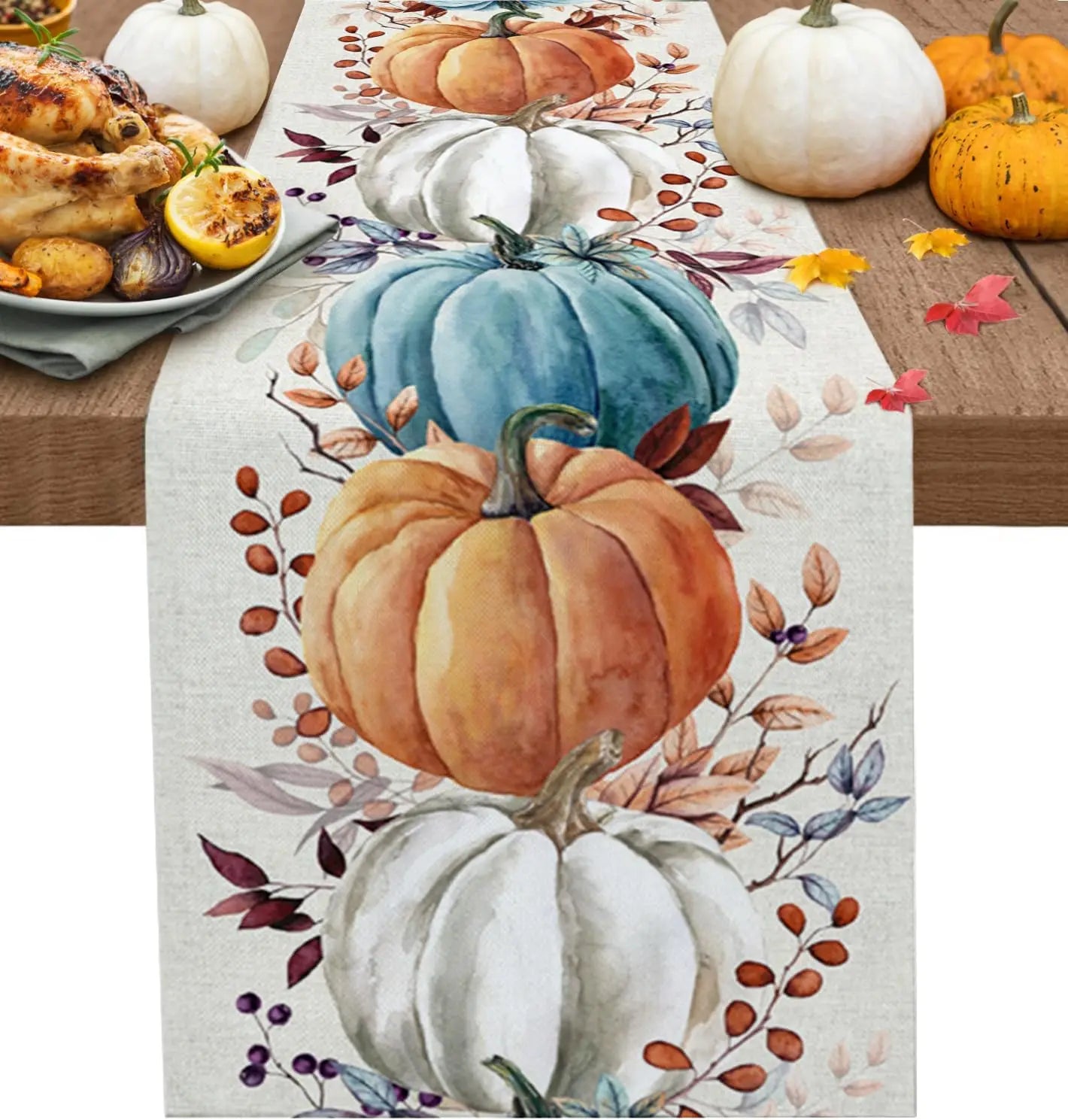 Fall Thanksgiving Colorful Pumpkins Eucalyptus Leaves Linen Table Runners Autumn Dresser Scarf Holiday Wedding Party Table Decor