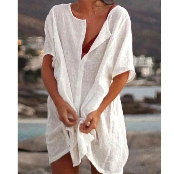 2024 Women's Cotton Linen Beach Dress Solid Summer Casual Cover-ups Midi Dresses Soft Loose Tunics Female Shirt Dress Robe S-5XL