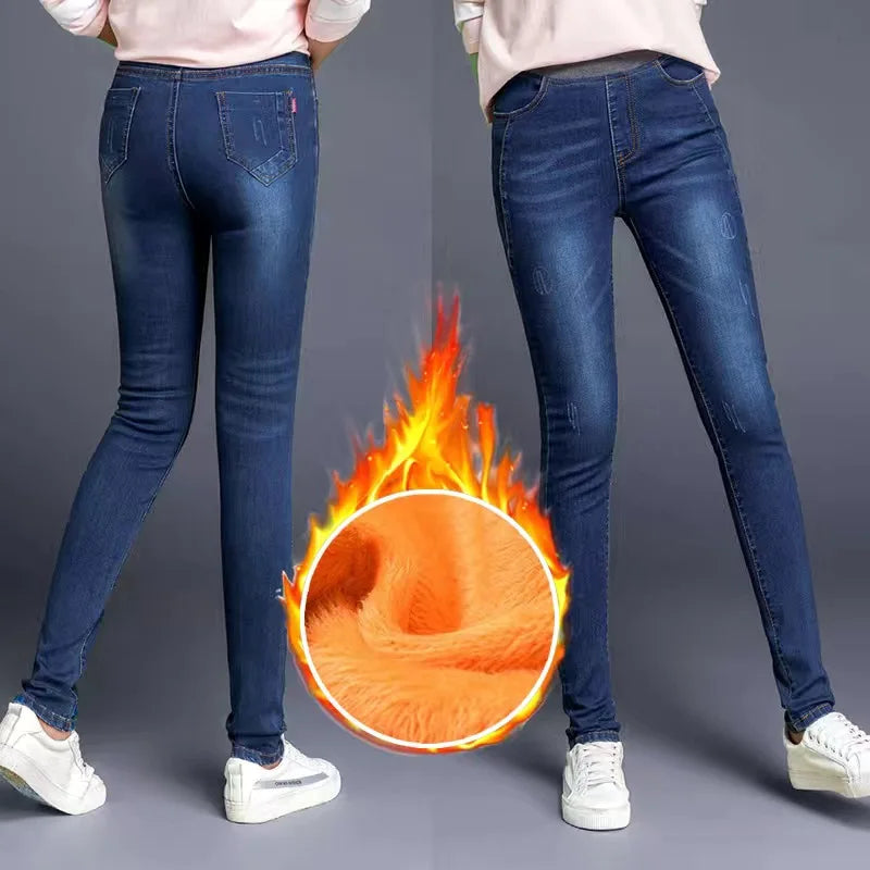 High Waist Skinny Pencil Jeans Mom Fall Winter Thicken Warm Denim Pants Casual Velvet Lined Vaqueros Big Size 38 Stretch Trouser
