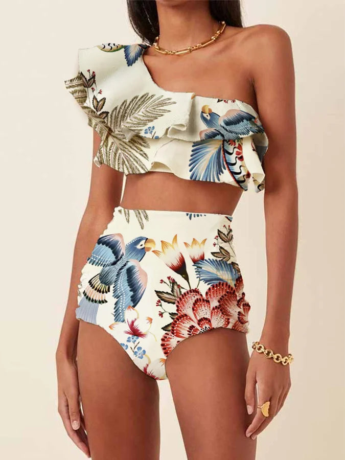 Women's Printed Ruffle Swimsuit Fashion One Shoulder Slash Breasted Bikini Two Piece High Waisted Tummy Tuck Beachwear 2024 New