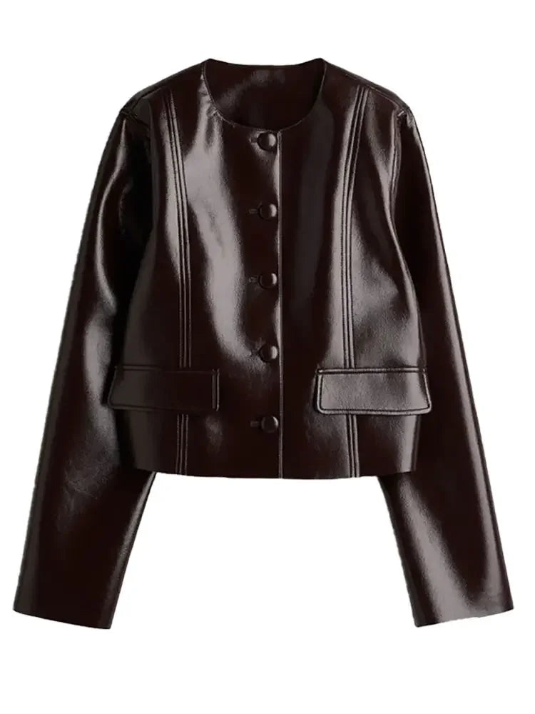 Street PU Leather Sets ﻿for Women 2 Piece O-neck Single Breasted Jackets Sexy Short Skirts 2024 Autumn Locomotive Outfits Lady