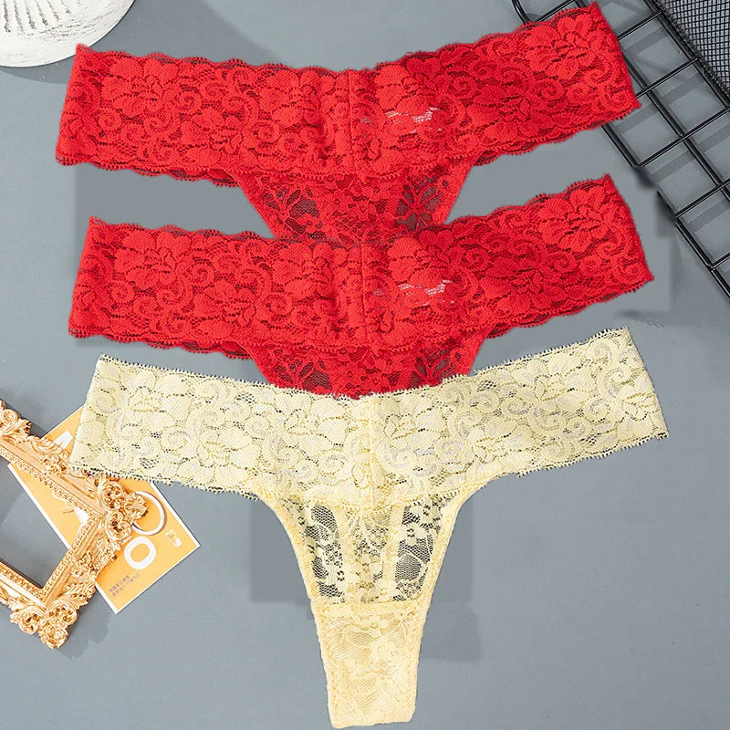 3PCS Lace Floral Women Panties ,Low Waist Breathable Briefs Female Thong Underwear M-2XL Sexy G-String Transparent Panty.