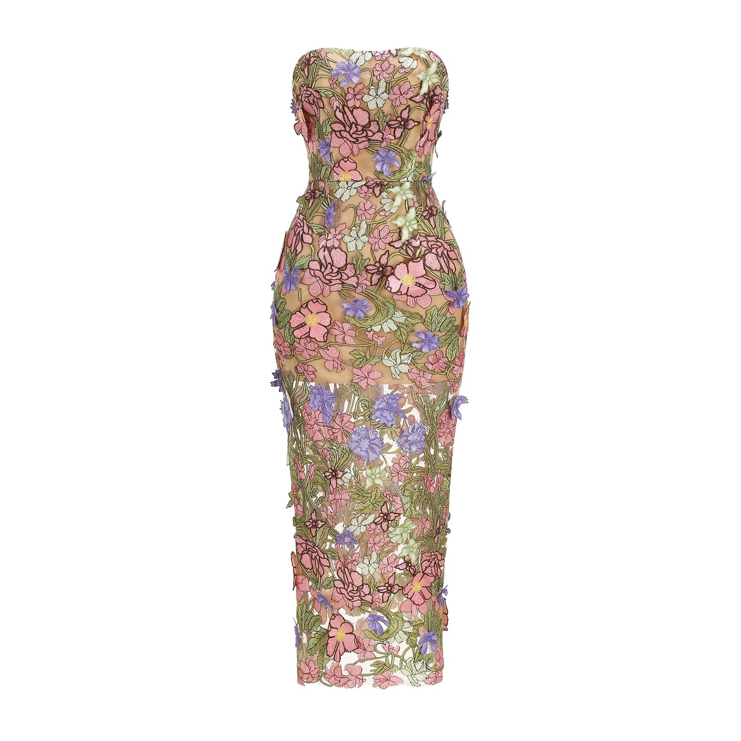 New Sexy Strapless Back Lace Up Dress for Women, Slim Fit and Simple Floral Embroidery Fabric Party Dress Long