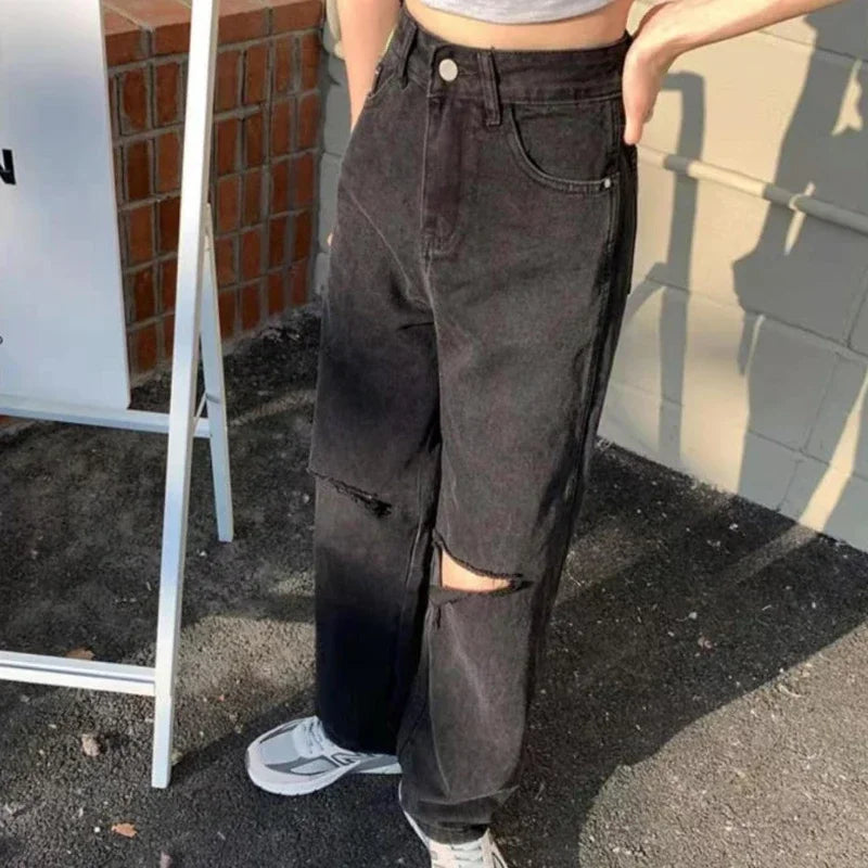 Women's Spring and Autumn 2023 New Loose Thin Drape Wide-leg Mopping Pants Black High-waist Ripped Straight-leg Classic Jeans