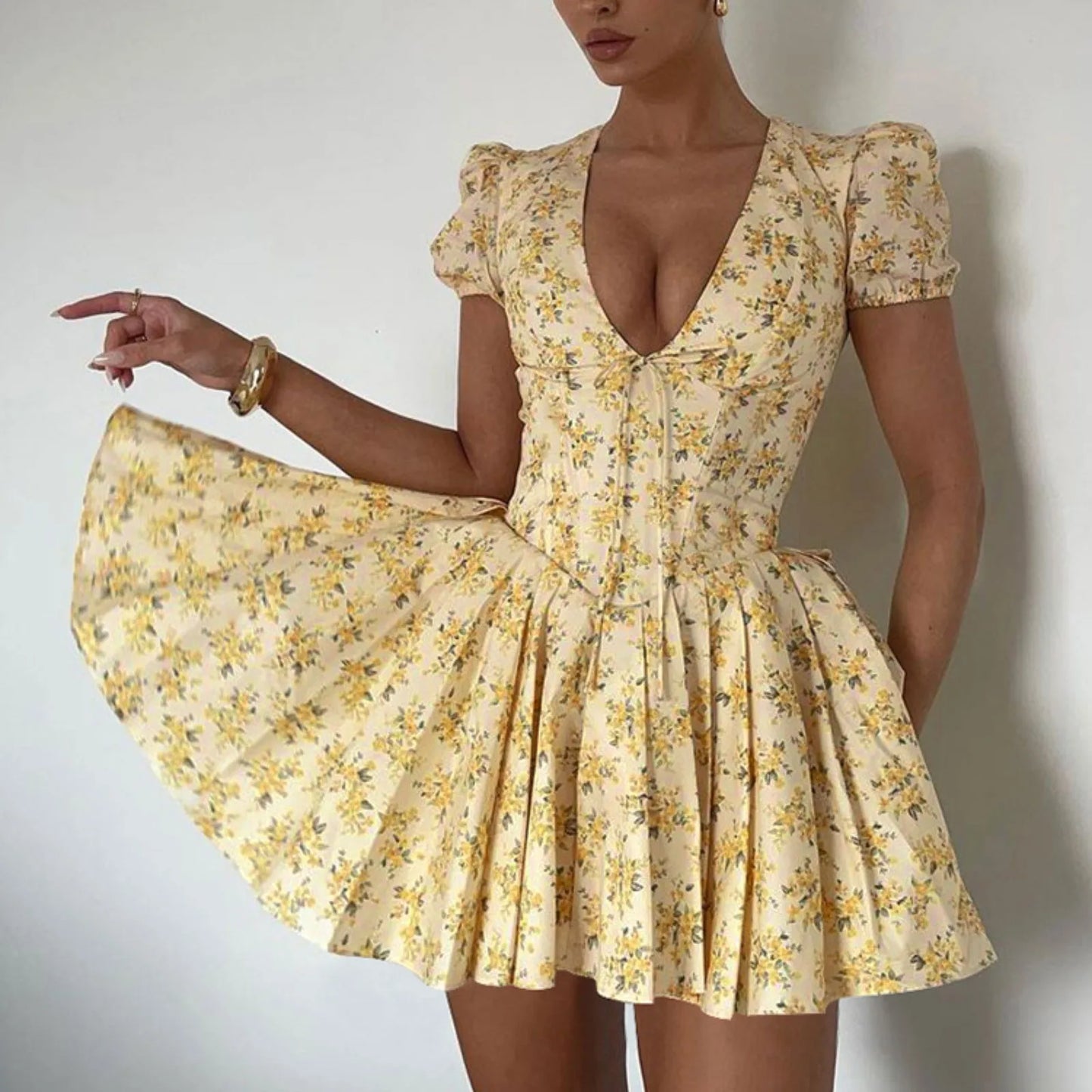 Sexy Deep V Neck Women's Dresses 2025 Summer A-Line Mini Dress High Waist Pleated Floral Printed Beach Party Dresses Vestido 