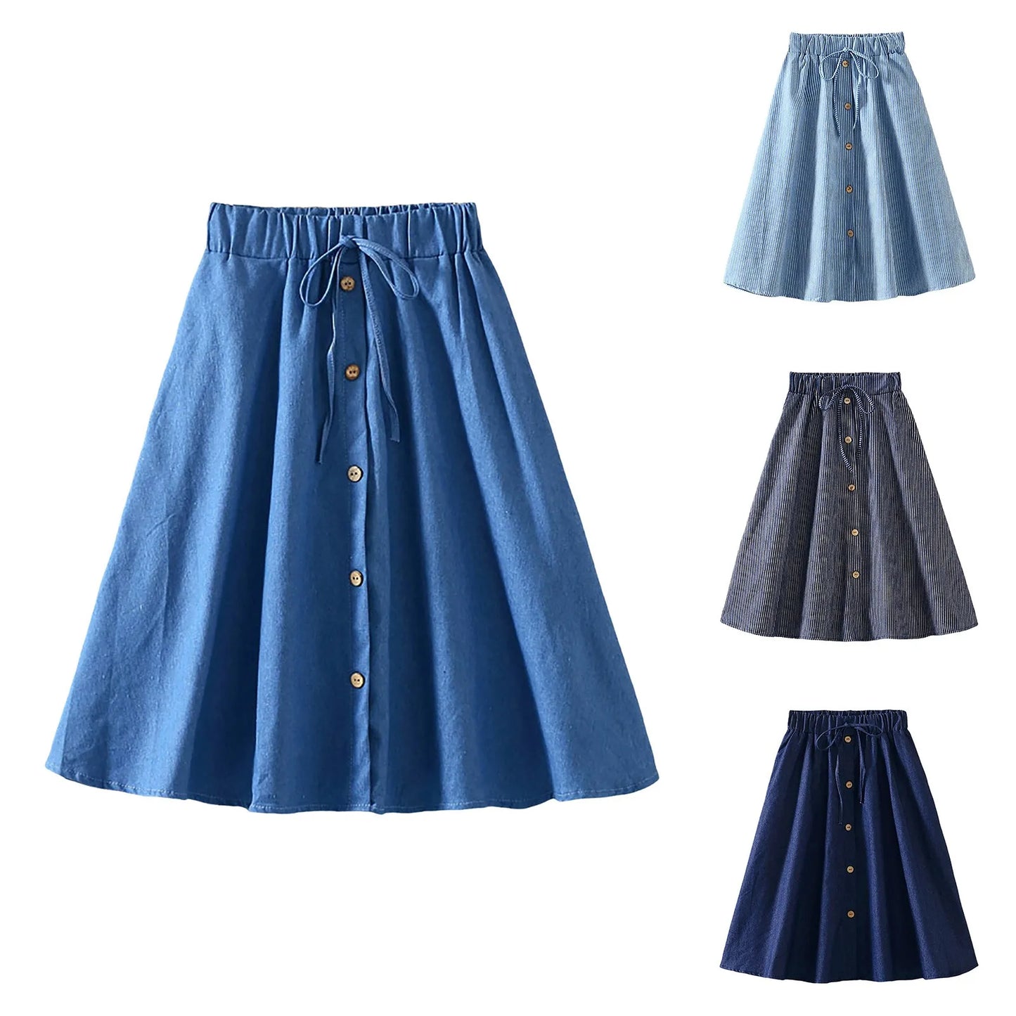 Pleated Skirt Girls Waist Long Denim Skirt Female New Kong Flavor Summer Arts Students Border Ladies Skirts Below Knee Length