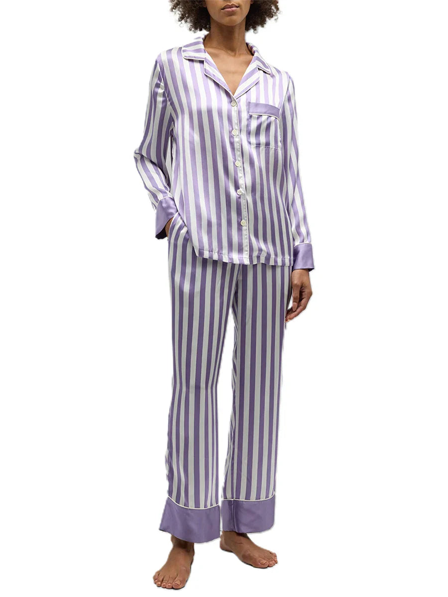 Women Striped Pajama Set Elegant Long Sleeve Top with Pants Sleepwear Loungewear