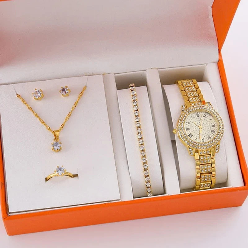 6Pcs/Set Women's Rhinestone Quartz Watch Set Fashion Wrist Watch & Jewelry Set Gift.▪