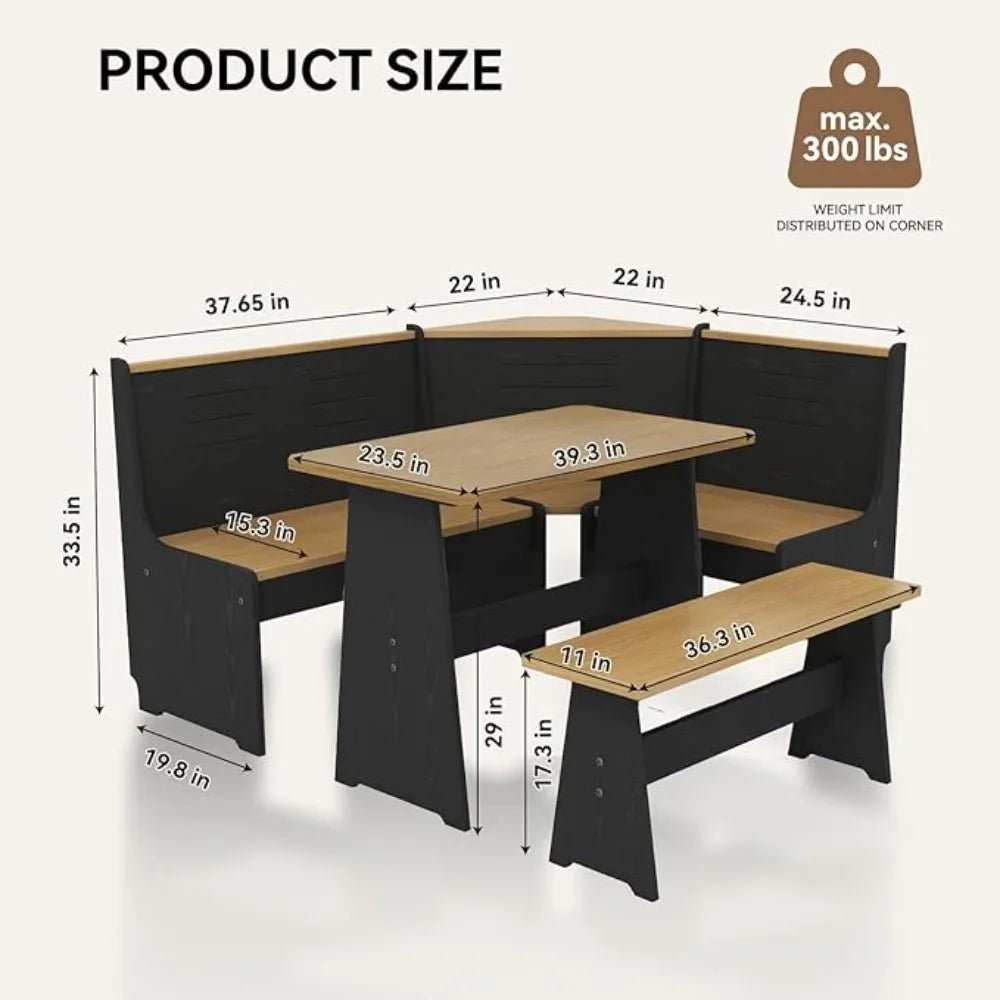 Breakfast Nook Corner Dining Table, Kitchen Bench Chair Set, Reversible L-Shape