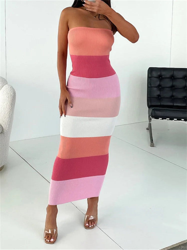 CHRONSTYLE Women Summer Strapless Knitted Ribbed Dress Female Sexy Midi Vestidos Sleeveless Off Shoulder Dresses Striped Outfits