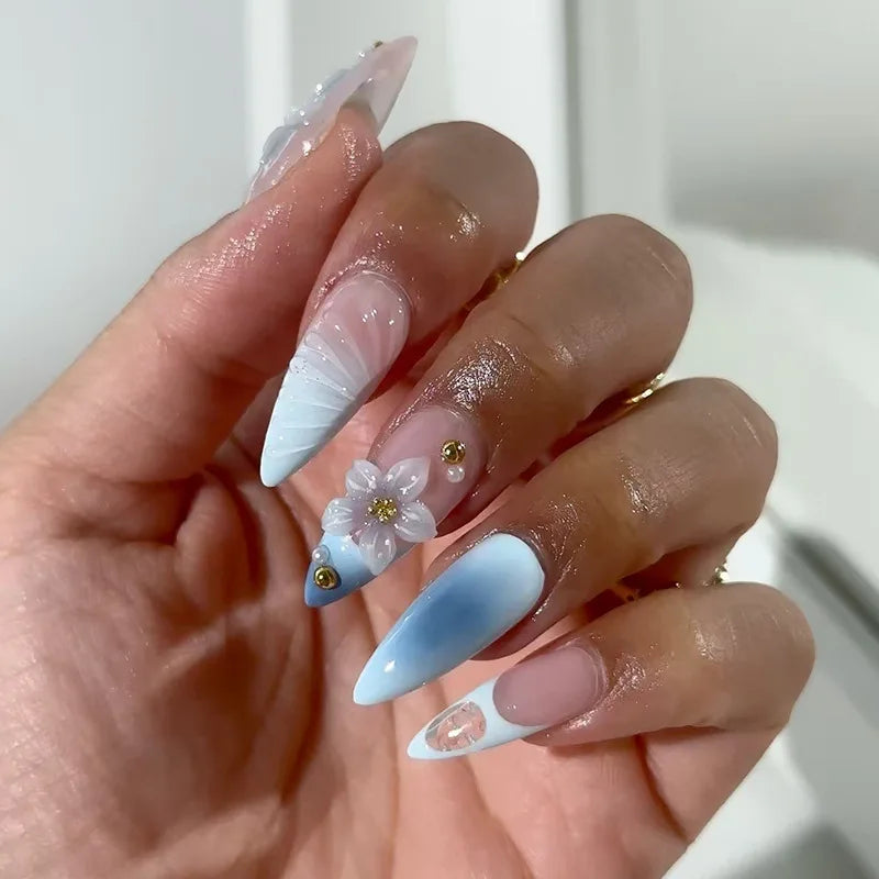24Pcs Mid-length Almond Press on Fake Nails,3D Ripple Heart ,Pearl Star, Blue Smudge Detachable Full Cover Nails Tips.