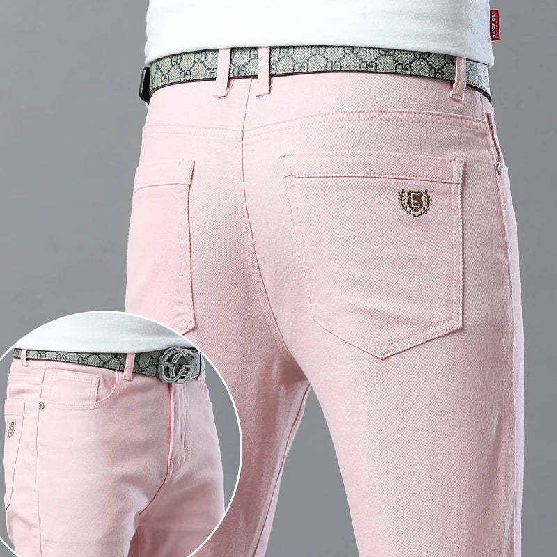 Men Fashion Classic Jeans Solid Color  Streetwear Trousers Stretch Slim-fit