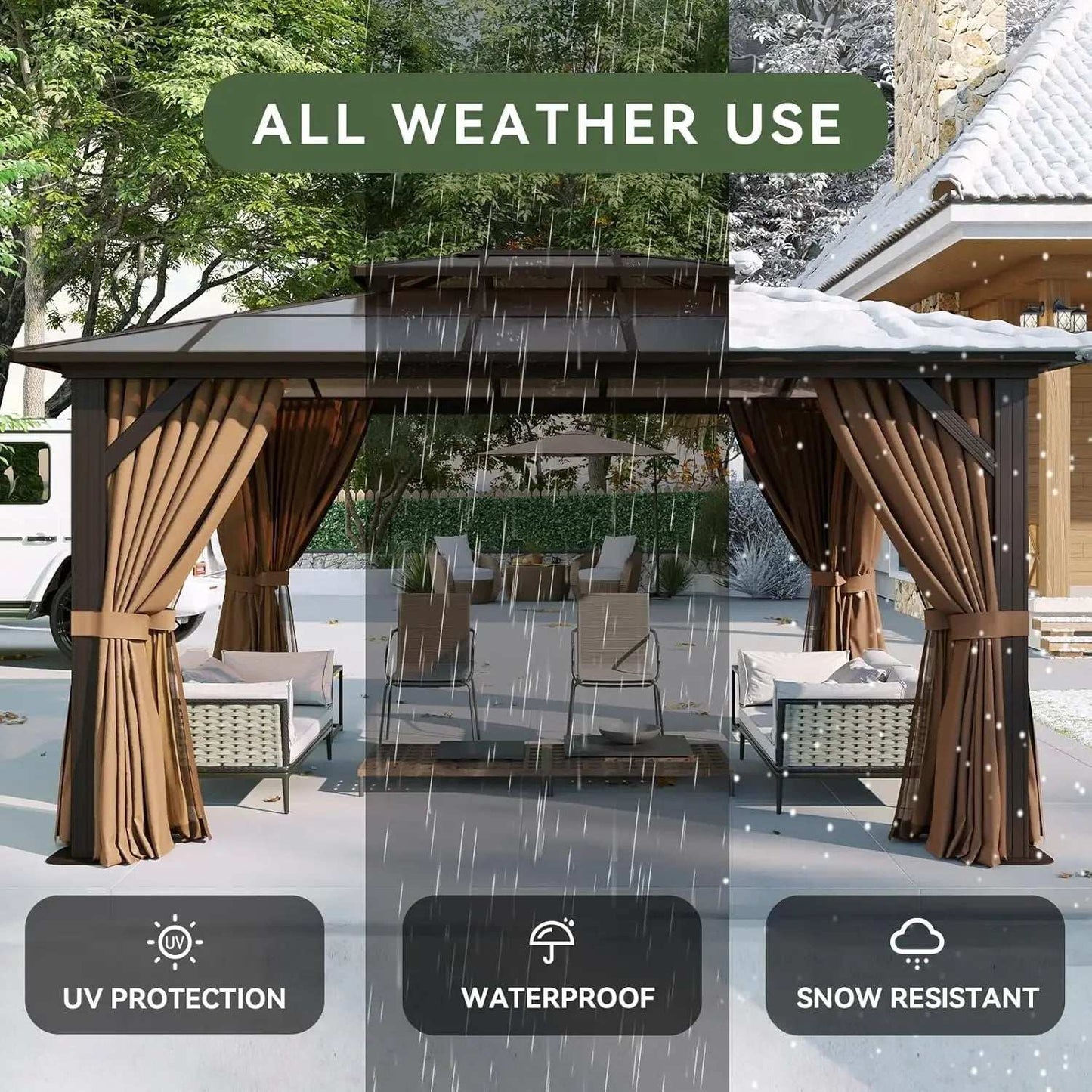 12'x14' Hardtop Gazebo, Aluminum Frame Permanent Pavilion with Curtains and Netting, Designed for Garden, Brown