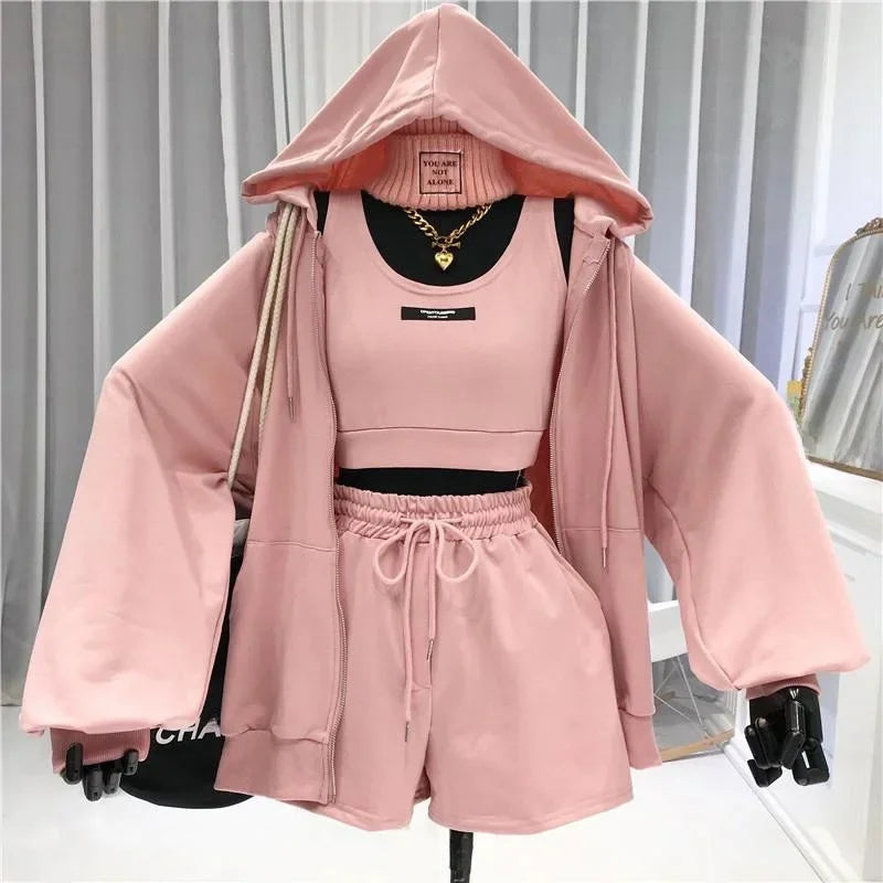Women's Fashionable Casual Sports Windsuit Spring Autumn Collection Age-Reducing Gym Running Sweatshirt Shorts Three-Piece Set