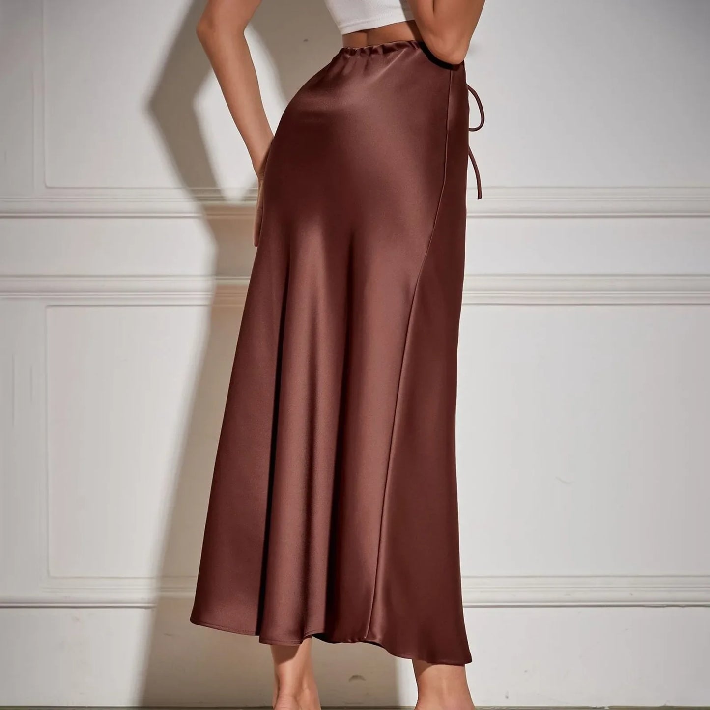Women'S Solid Color Satin Long Dress High Waist Drawstring Dress Maternity Skirts Reflective Dress Trailing Dress Ropa De Mujer
