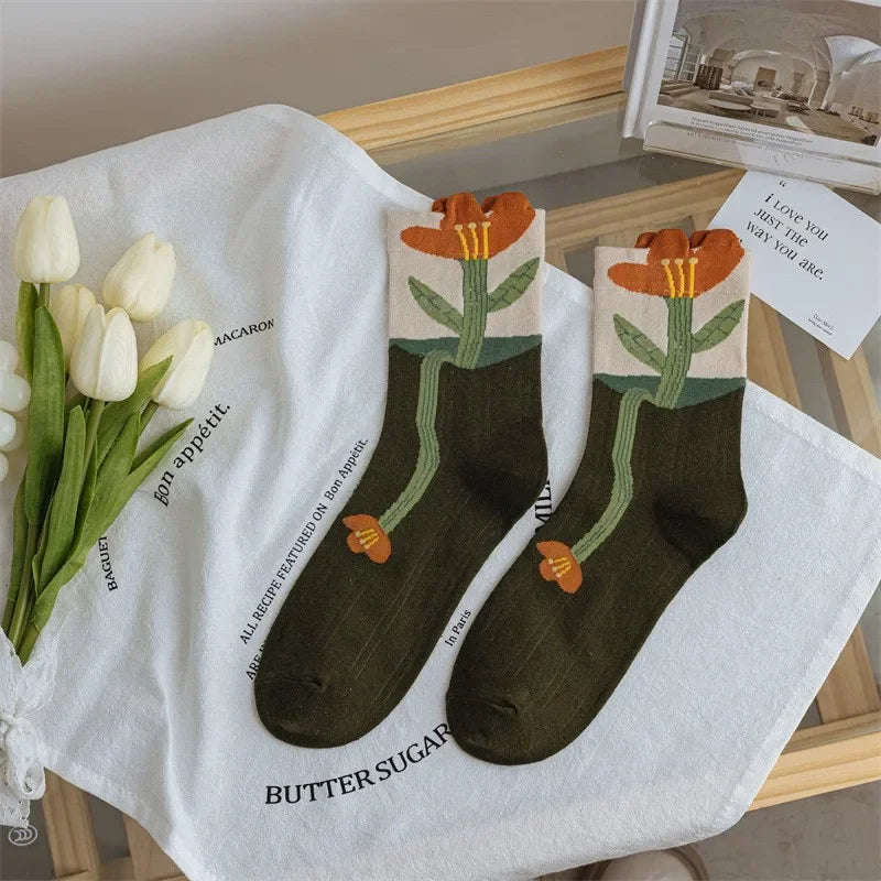 New Style Crew Socks for Women Spring Fashion Cute Flower Long Cotton Socks Japanese Style Breathable Casual Trendy Absorb Sweat