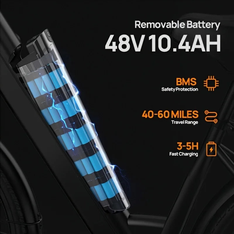 750W E26 Electric Bike 26x2" Commuter 48V 10.4Ah Removable Battery, 20MPH Speed 7-Speeds LCD Display.