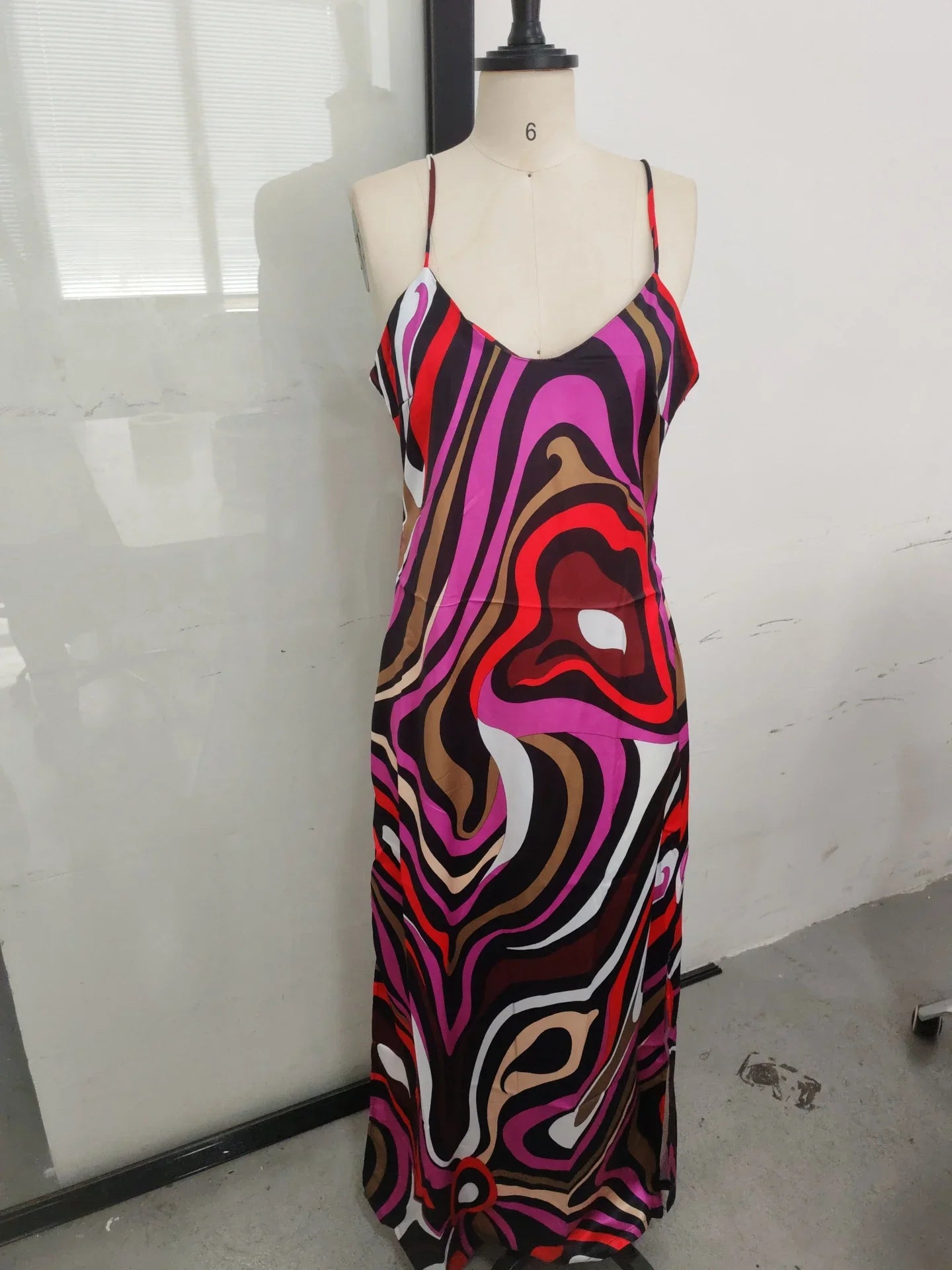 Chic Print Sling Long Dress Women Sleevless Backless Side Split Party Dresses 2025 Summer Street Beach Lady Ankle-length Robes