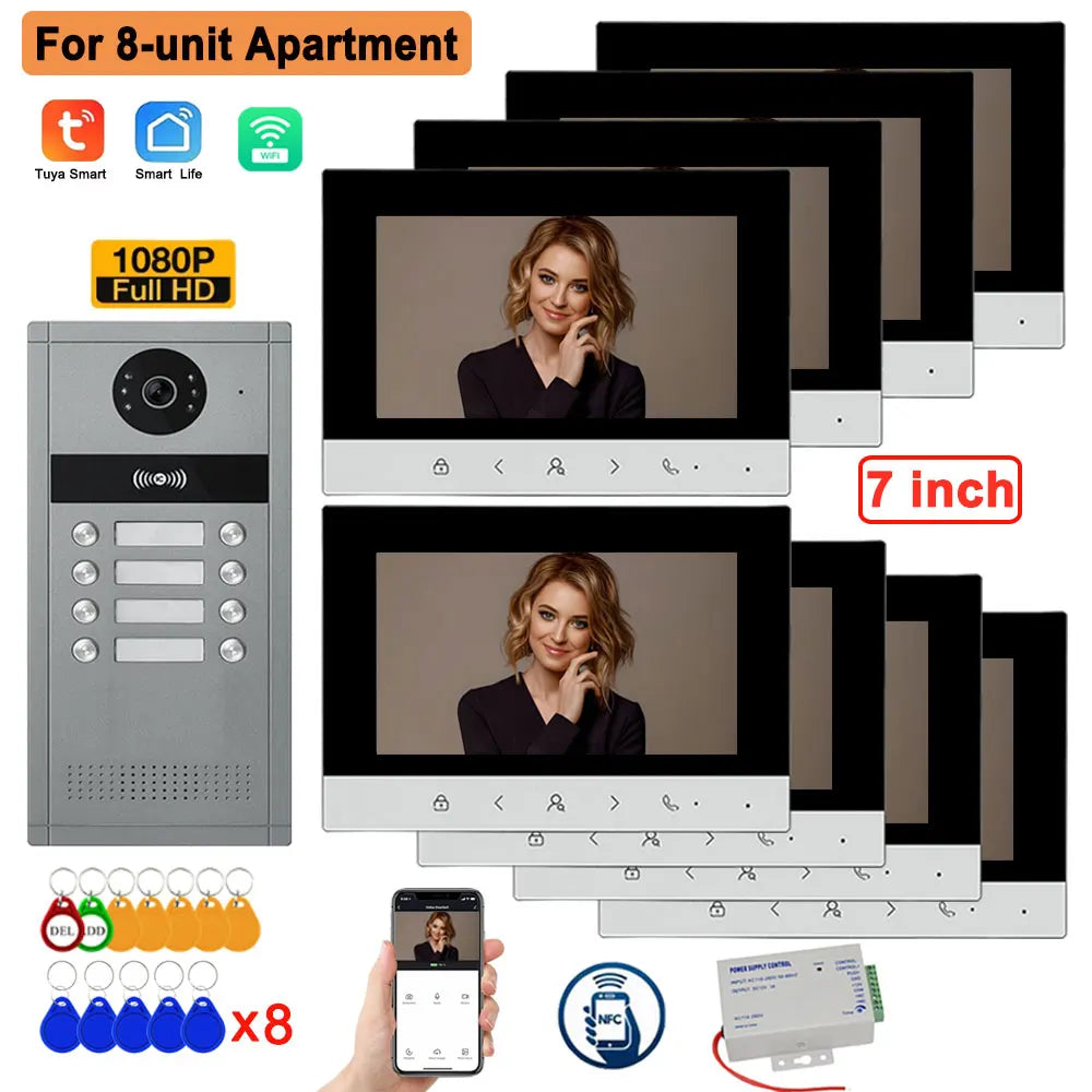 4 Wire 7 inch LCD WiFi Tuya Video Doorphone HD Camera Doorbell Intercom RFIC NFC APP Unlock System 4/6/8/10/12 Unit Apartments