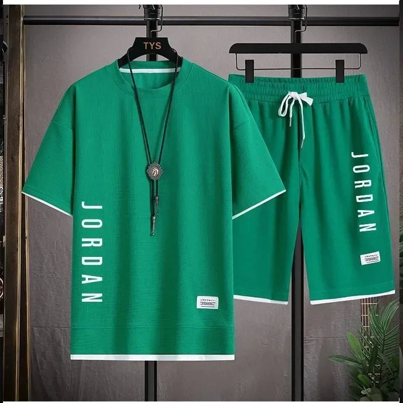 Stylish casual T-shirt + Shorts set Men Loose comfortable summer Waffle suit.