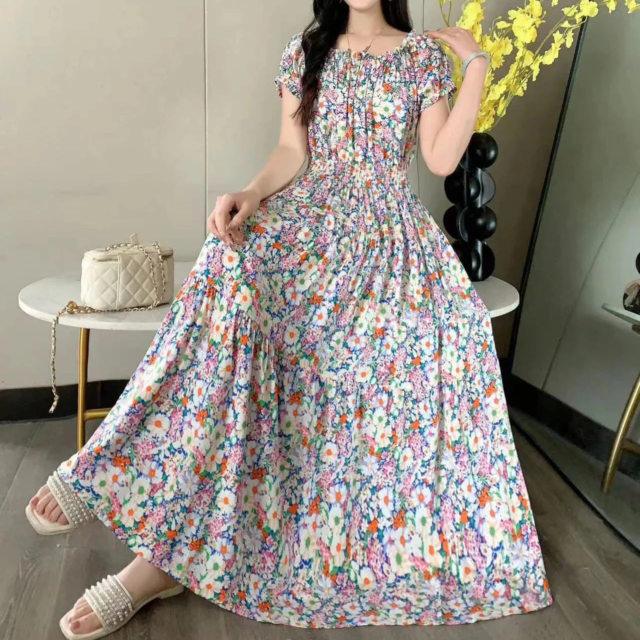 Vintage Bohemian Beach Floral Midi Dress Korean Reviews Many Dress Off Shoulder Elastic Waist Large Swing Women's Elegant Dress