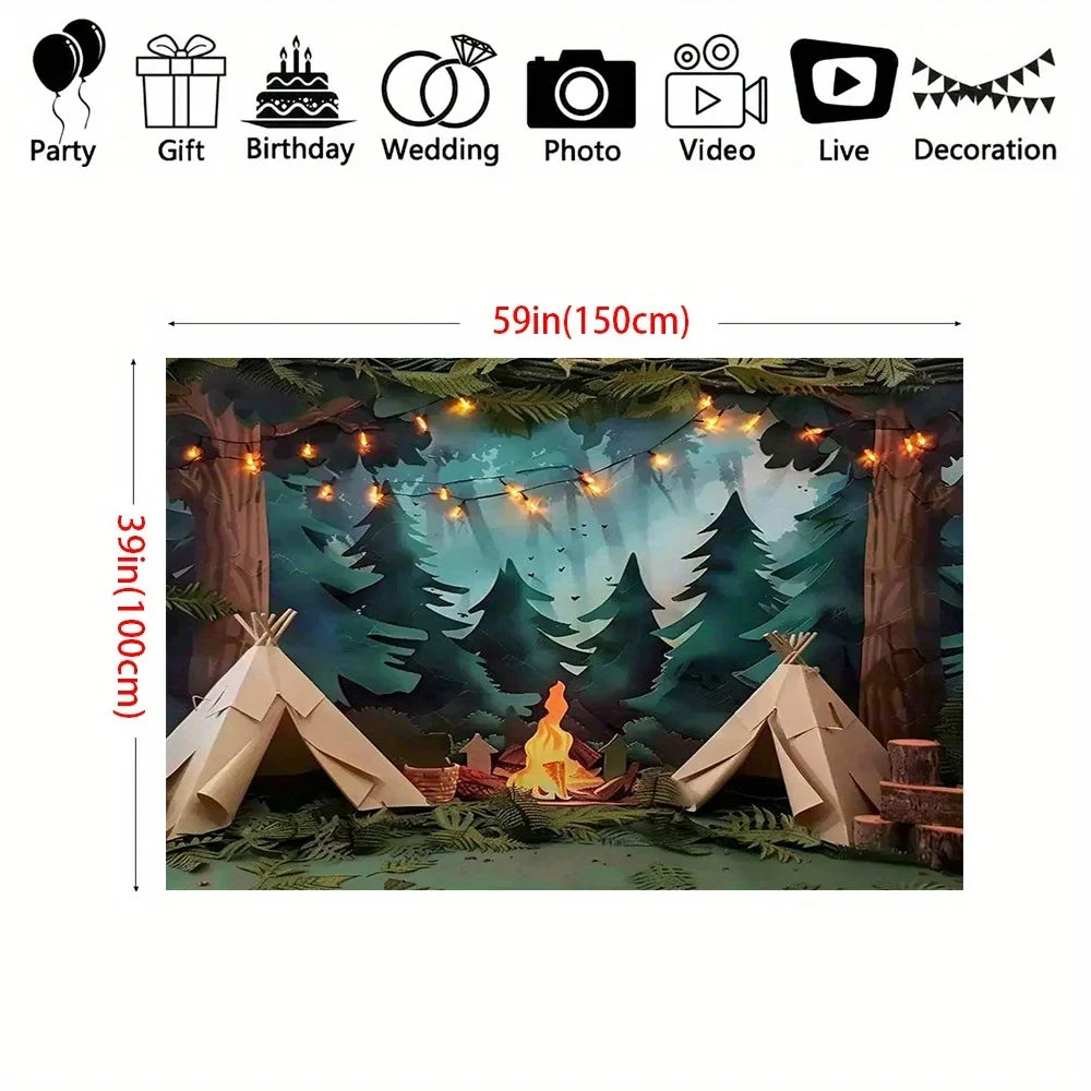 1 Photography Camping Background - Forest Scene Party Background with Tent, Fire Pit, and Light String