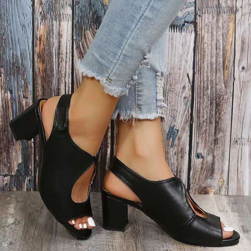 Summer New Sexy Beach Fish Mouth Sandals Fashion Hollow Thick Heels High Casual Open Toe Trend Women Shoes Plus Size 35~43