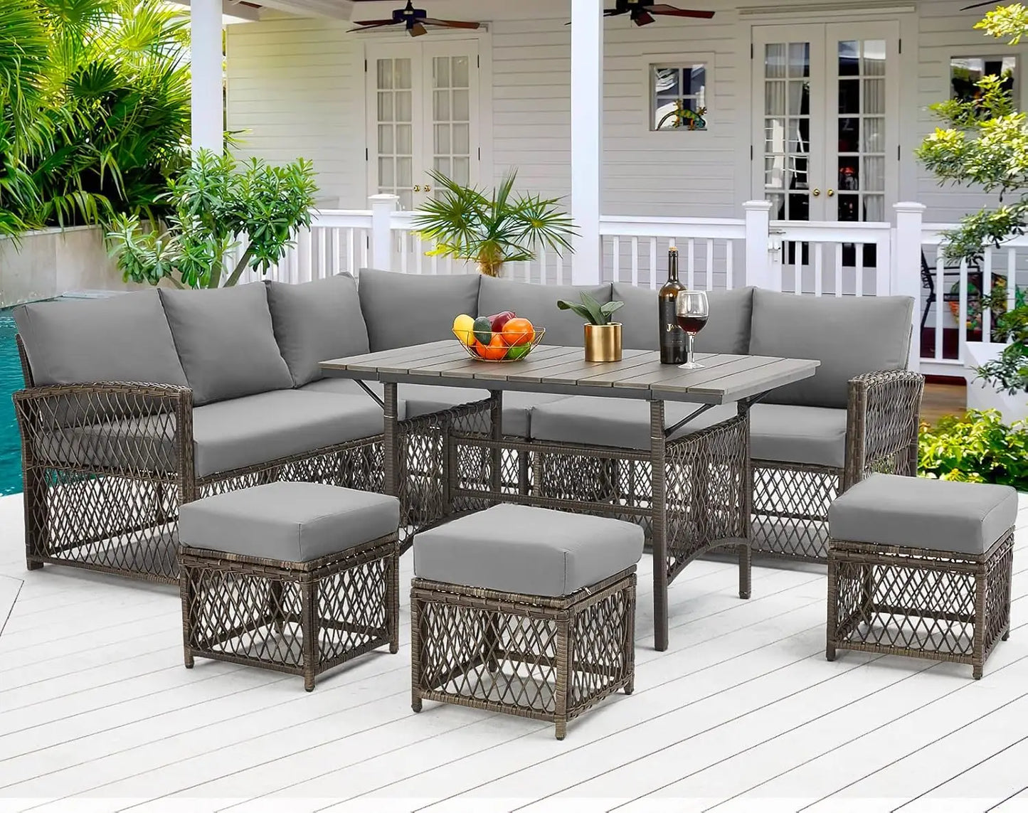 Patio Furniture Set, 7 Pieces Outdoor Patio Furniture with Dining Table&Chair, All Weather Wicker Conversation Set with Ottoman
