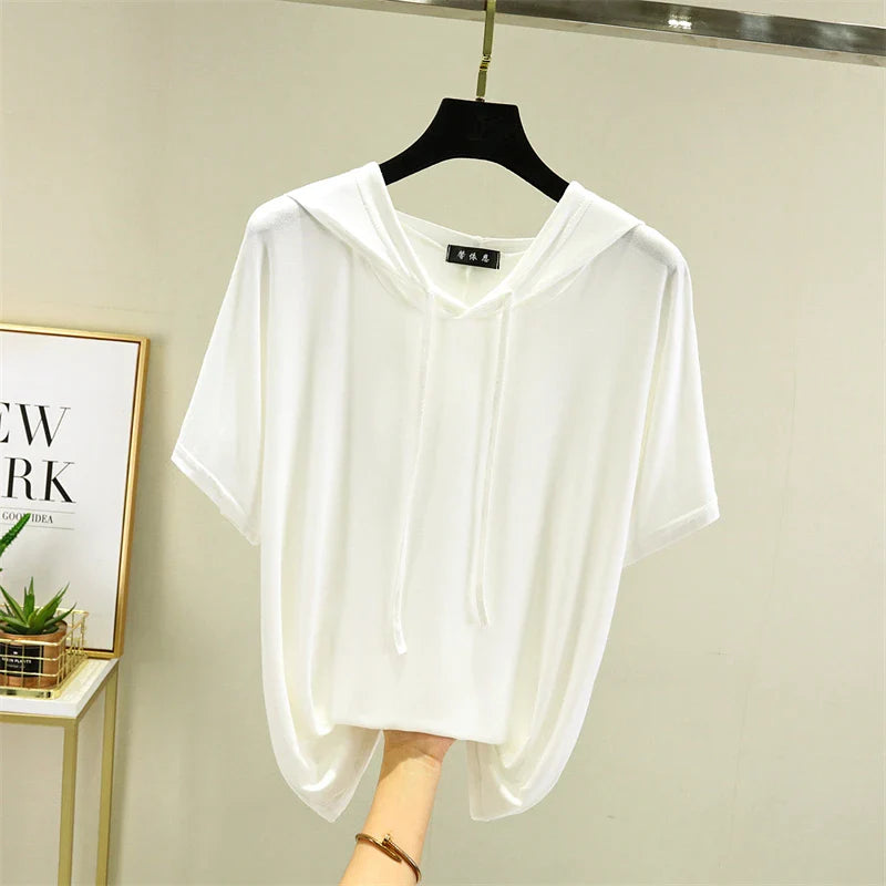 Thin T-shirts Women Hooded Fashion Loose Casual All-match Korean Style Solid Simple Y2k Aesthetic Футболка Женский Cozy Chic New