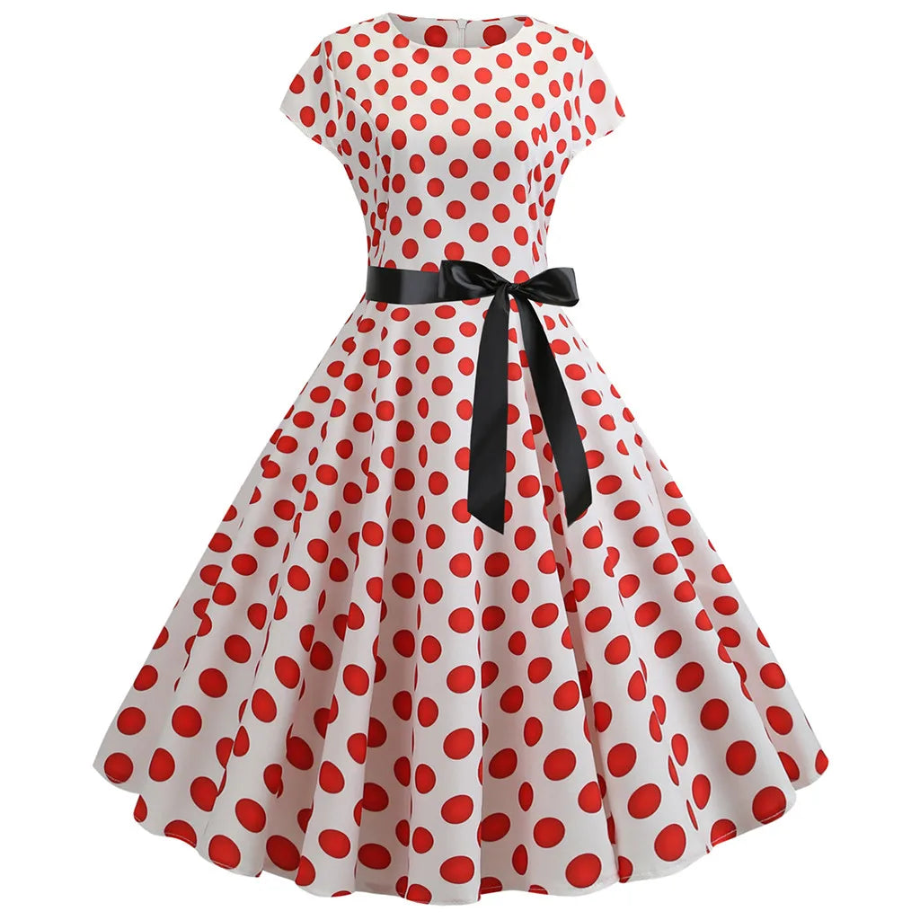 Women Vintage 1950s 60s Polka Dot Print High Waist A-line Swing Party Dress Retro Short Sleeve With Belt Evening Prom Dress