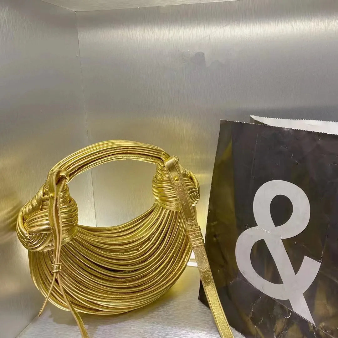 Handbags for Women 2023 New in Gold Luxury Designer Brand Handwoven Noodle Bags Rope Knotted Pulled Hobo Silver Evening Clutch