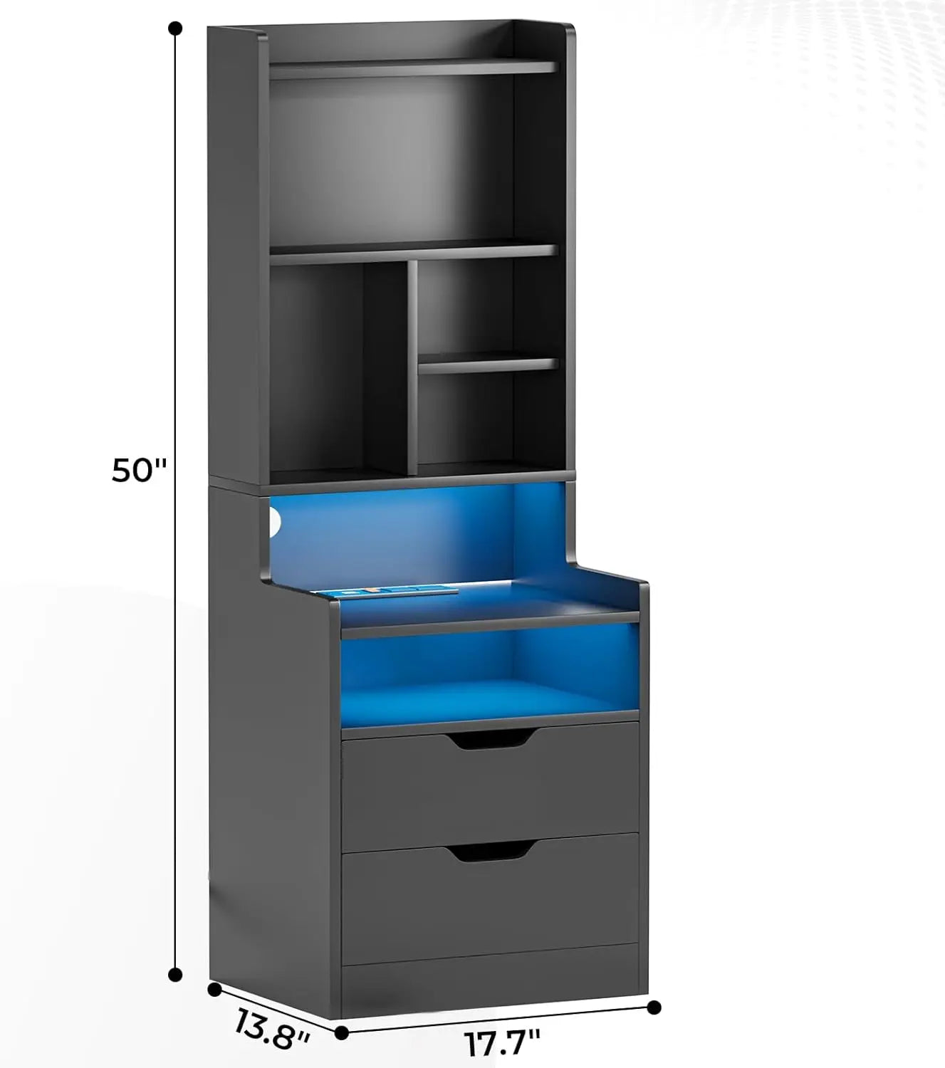 Charging Nightstand Set of 2 with LED Lights,Tall Night Stand with Bookshelf,Bedside Table with Drawers