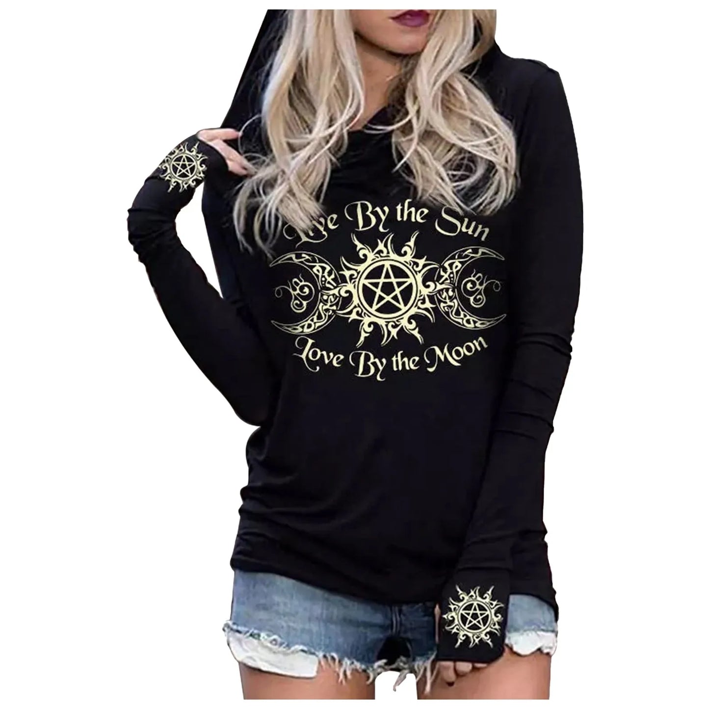 Halloween Graphic Long Sleeve Hooded T-Shirt Black Gothic Classic Vintage T-Shirt Moon Bat Tombstone Print Casual Y2k Clothes