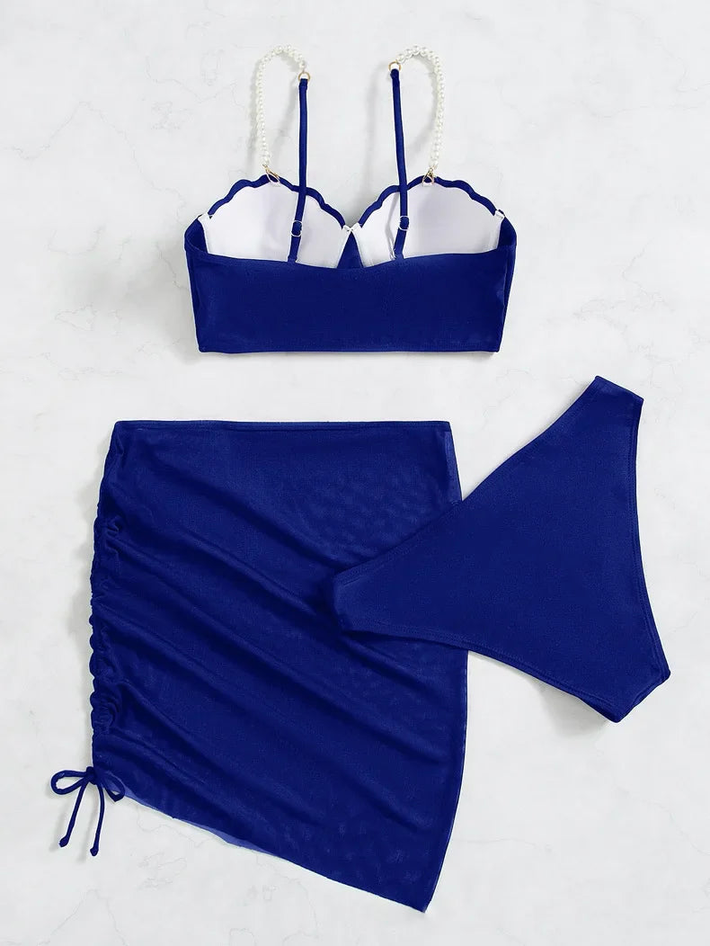 New Swimsuit Women Three Piece Set Solid Blue/Red/Orange/Black Summer Bikini European American Scallop 2024 Swimsuits Wholesale