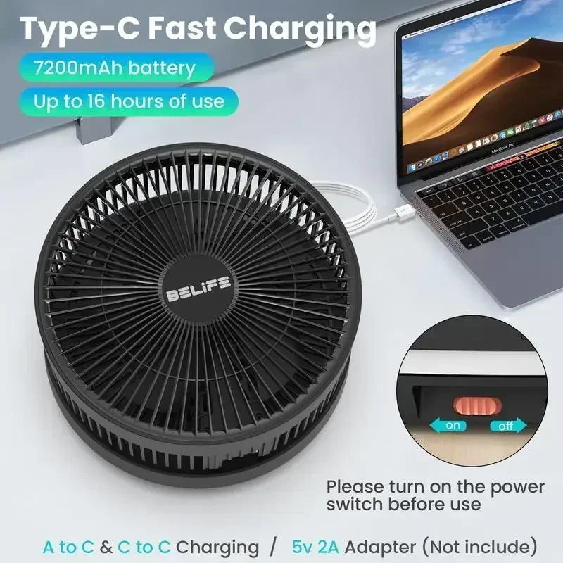Belife X10 Portable Fan, Cordless Oscillating Fan with Remote, Foldable Telescopic Adjustable Height Fan with LED Light & Timer