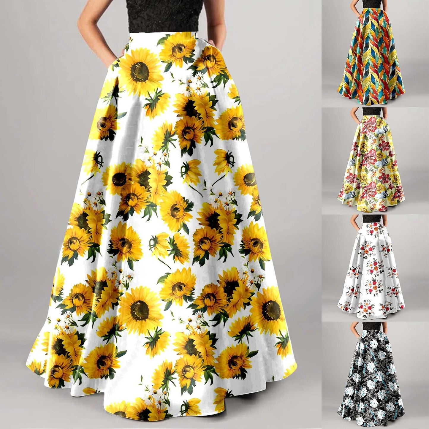 Bohemian Skirts For Women High Waisted Beach Maxi Skirt Wth Pockets Boho Floral Print Skirts Summer A Line Flowy Skirt 롱스커트