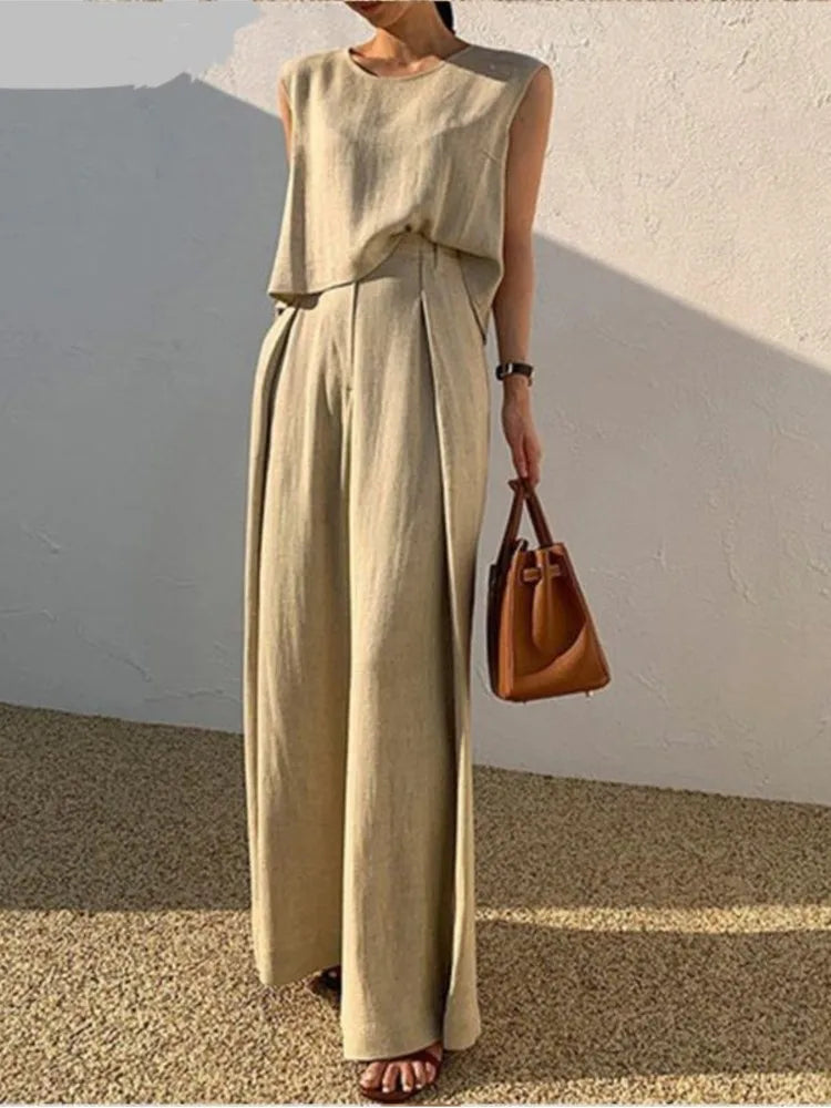 Lady Casual Loose 2 Piece Sets Fashion O-Neck Sleeveless Pullover Tops+wide Leg Pants Two Piece Sets For Women Summer Office New