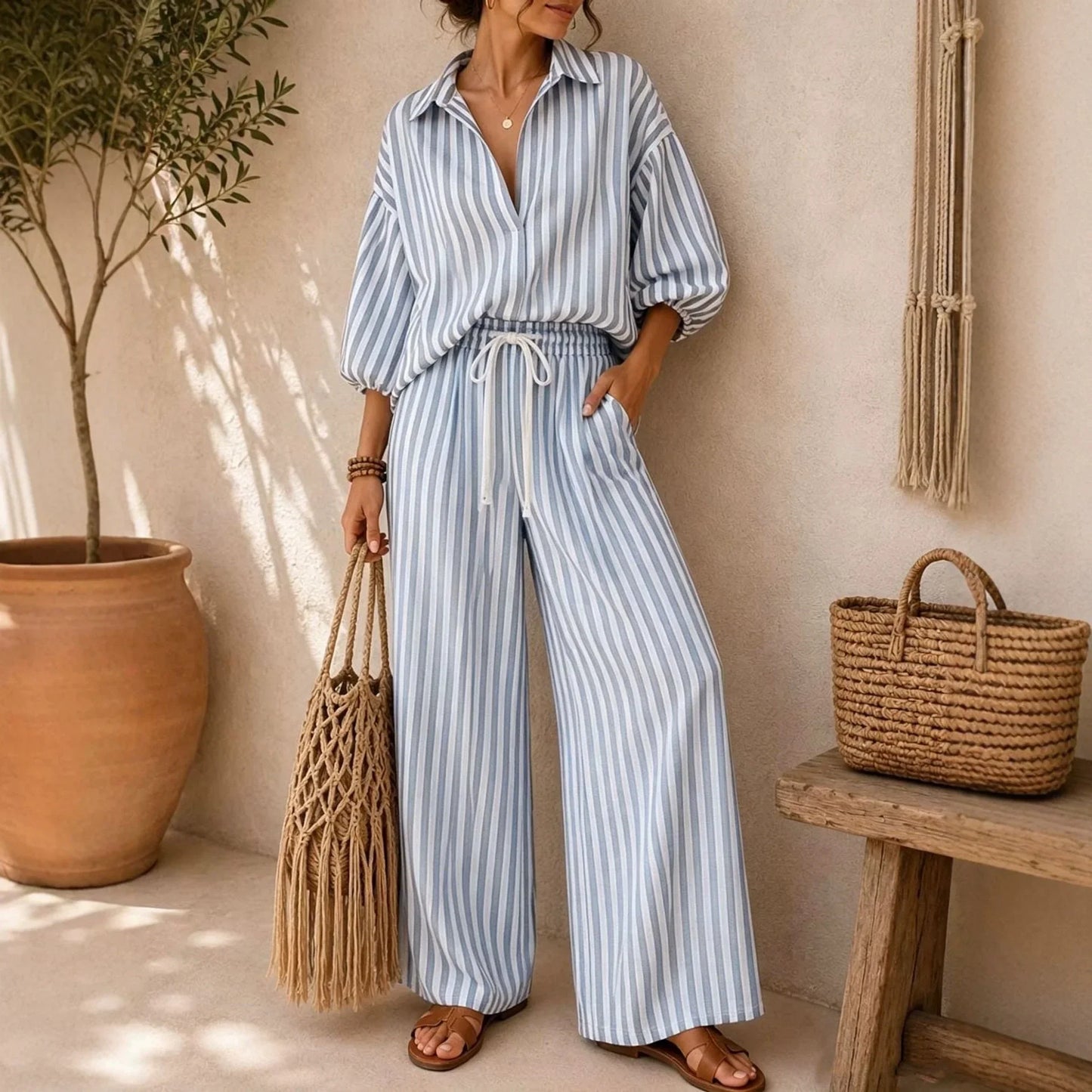 Fashion Stripe Two Piece Set Women Summer Autumn Casual V Neck Long Sleeved Top Wide Leg Pants 2 Piece Suit Women Outfit Sets