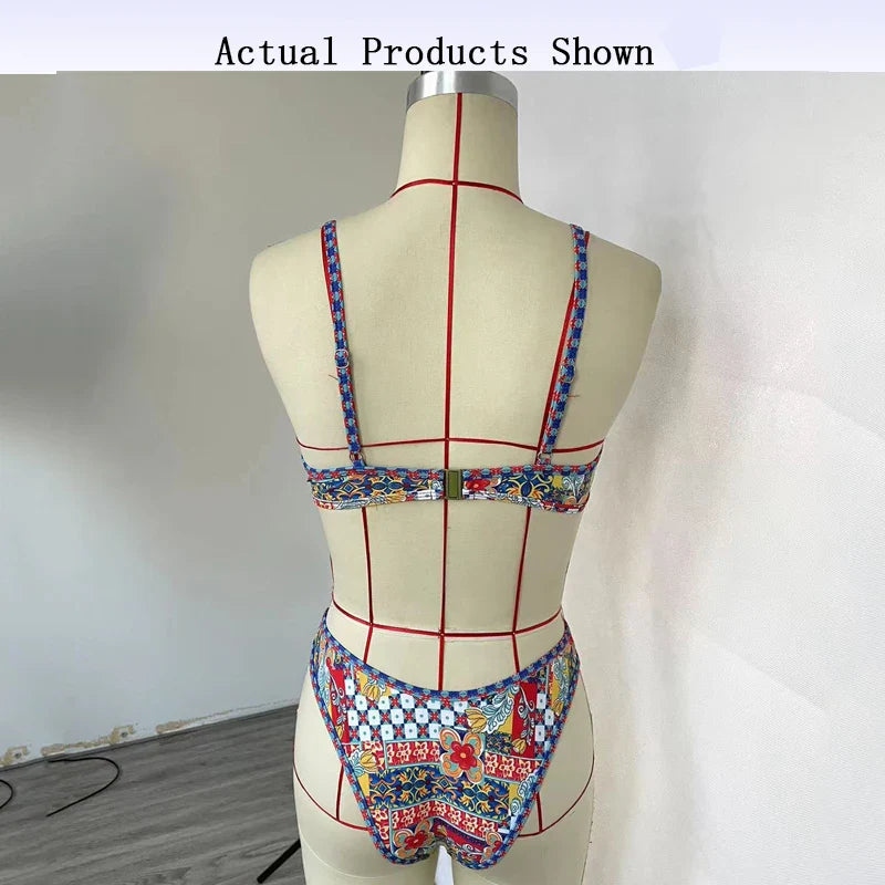 BEACHCICI Women's Bikini Two Piece Sexy Vintage Printed High Waist V Neck Suspender Beach Vacation Swimsuit