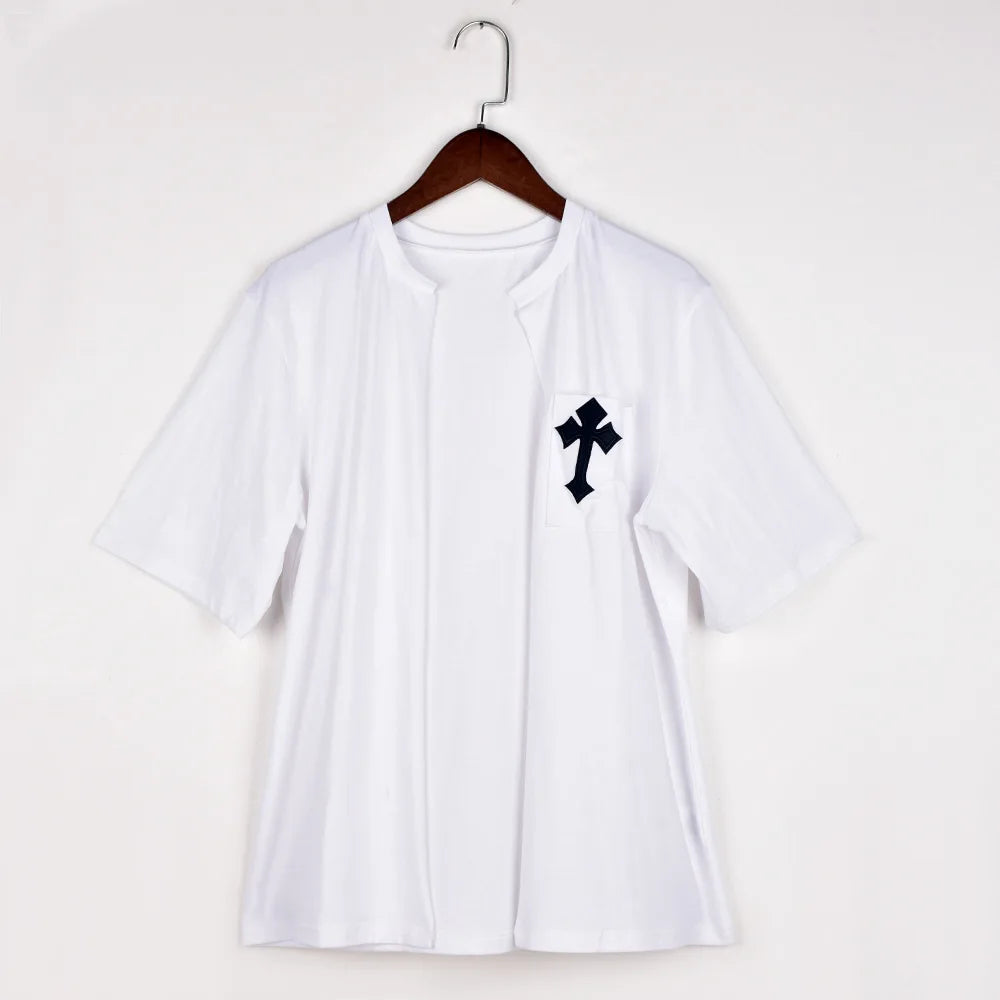 Perl White Cross Hollow Out Shirts for Women Summer Short Sleeve Female Clothes Fashion Christianity Pattern Crop Top Casual Tee