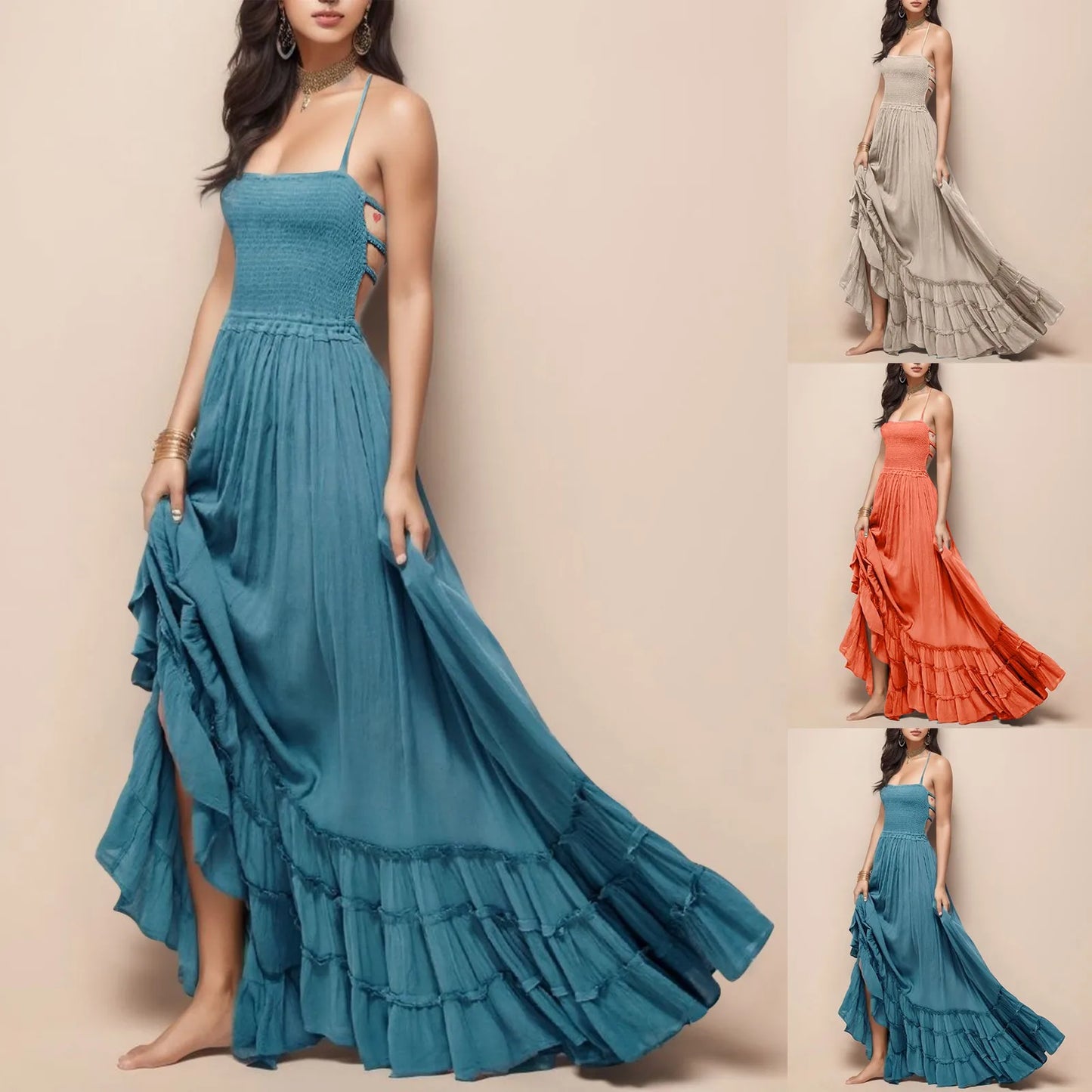 Womens Dresses 2024 Spring Summer Deep V Neck Women'S Smocked Maxi Dresses Summer 2023 Sexy Flowy Beach Long Backless Slip 롱원피스