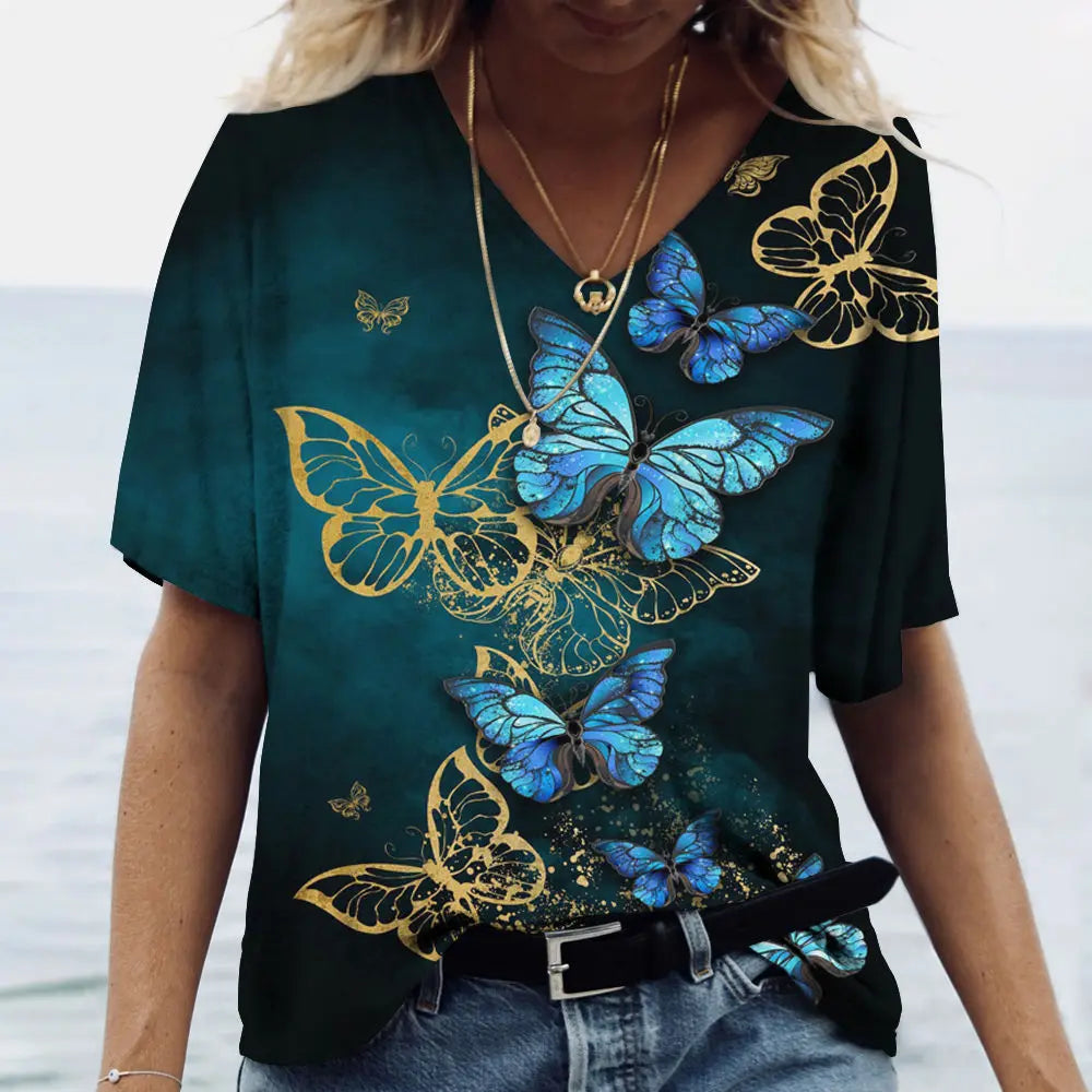 Women's T-shirts Fashion Tops V-neck Colorful Butterfly T Shirt Female Short Flowers Print Casual Tees Summer Oversized Clothes