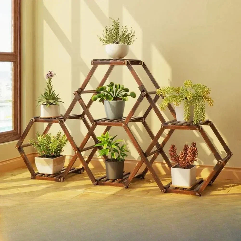 Solid Wood Plant Stand Outdoor for Multiple Plants Carbonized Wood Flower Pot Holder Heavy Duty Load Balcony Garden Home Decor