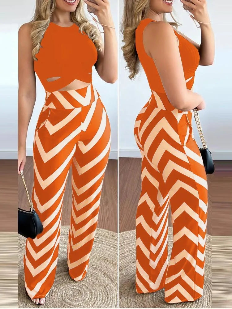 Spring Summer New Sleeveless Short Top Women's Suit Fashion Printed Trousers Slim Slim Simple Elegant Female Office 2 Piece Set