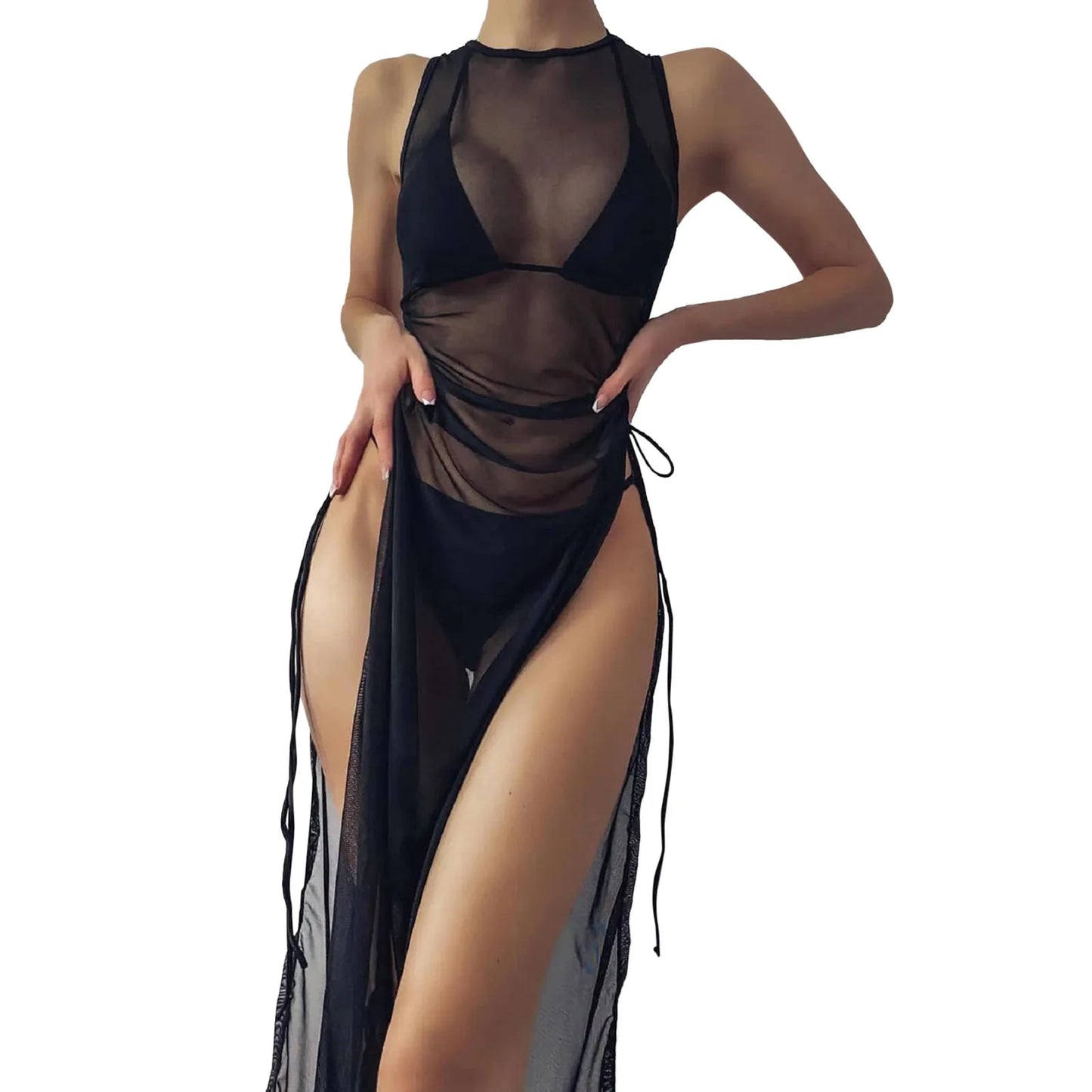 Women Draped Front Drawstring Knot Mesh Bikini Cover Up Without Lingerie Hight Split Fork Dress Beach Womens Cover up Cardigan